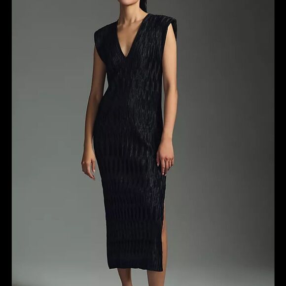 ANTHROPOLOGIE Ruched V-Neck Midi Dress Black Women’s Size Medium - Picture 1 of 8